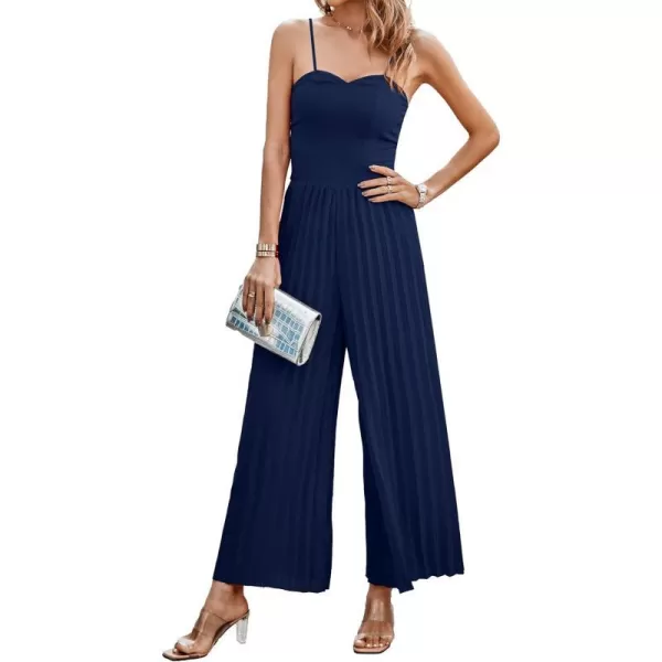 imagePRETTYGARDEN Womens 2023 Sleeveless Jumpsuit Elegant Sweetheart Neck Pleated Wide Leg Pants RompersNavy