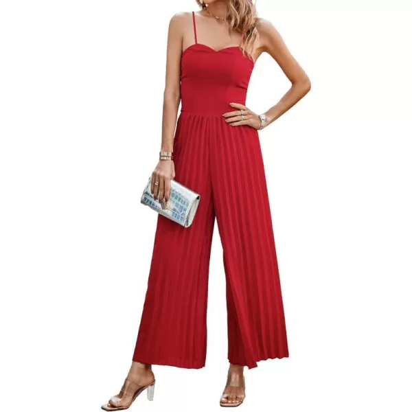 imagePRETTYGARDEN Womens 2023 Sleeveless Jumpsuit Elegant Sweetheart Neck Pleated Wide Leg Pants RompersRed