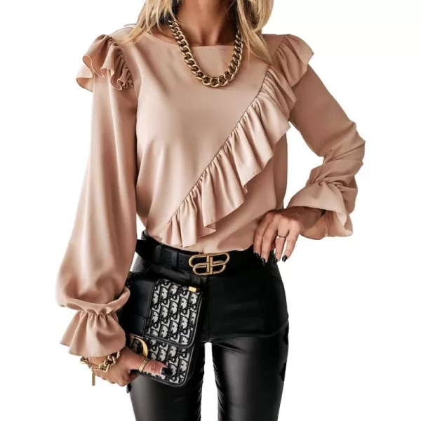 imagePRETTYGARDEN Womens 2023 Spring Clothes Ruffle Trim Shirts Long Sleeve Round Neck Casual Plain Tops BlouseApricot