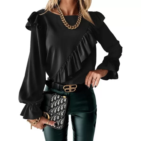 imagePRETTYGARDEN Womens 2023 Spring Clothes Ruffle Trim Shirts Long Sleeve Round Neck Casual Plain Tops BlouseBlack