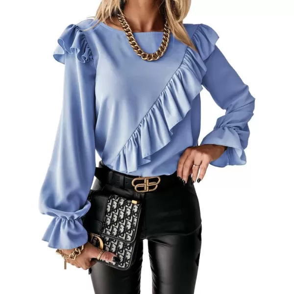 imagePRETTYGARDEN Womens 2023 Spring Clothes Ruffle Trim Shirts Long Sleeve Round Neck Casual Plain Tops BlouseBlue