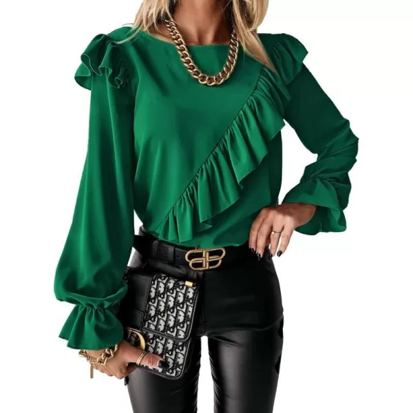 imagePRETTYGARDEN Womens 2023 Spring Clothes Ruffle Trim Shirts Long Sleeve Round Neck Casual Plain Tops BlouseDark Green