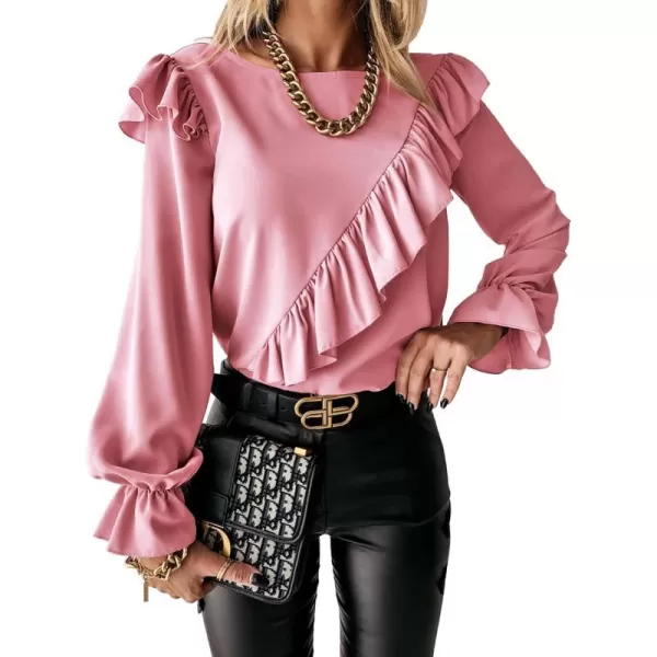 imagePRETTYGARDEN Womens 2023 Spring Clothes Ruffle Trim Shirts Long Sleeve Round Neck Casual Plain Tops BlousePink