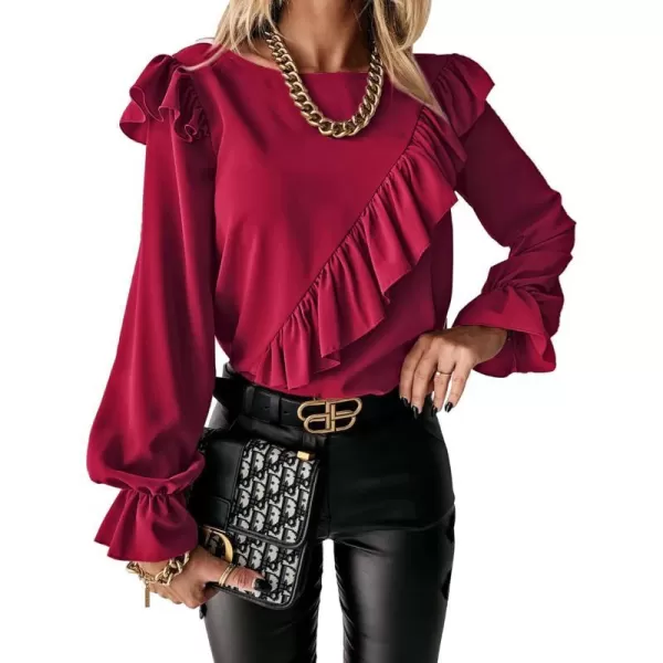 imagePRETTYGARDEN Womens 2023 Spring Clothes Ruffle Trim Shirts Long Sleeve Round Neck Casual Plain Tops BlouseWine Red