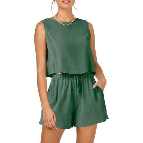imagePRETTYGARDEN Womens 2023 Summer 2 Piece Outfits Casual Button Back Crop Tank Tops and High Waist Shorts SetGreen
