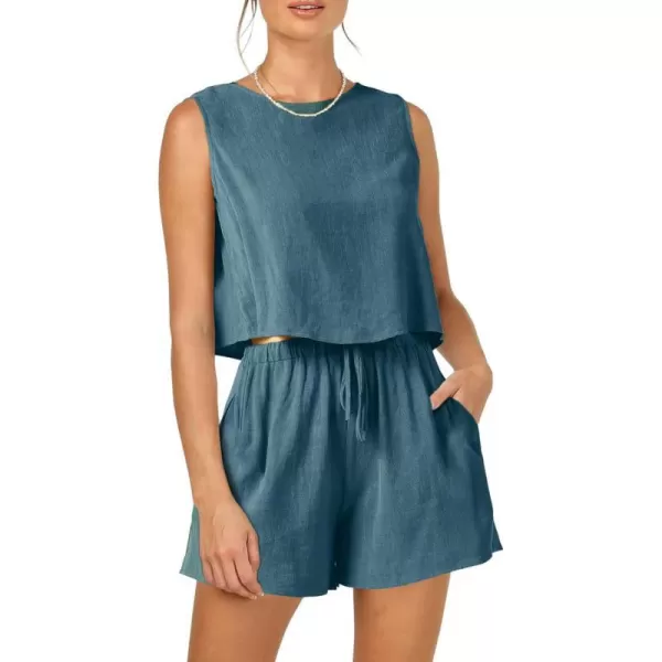 imagePRETTYGARDEN Womens 2023 Summer 2 Piece Outfits Casual Button Back Crop Tank Tops and High Waist Shorts SetLake Blue