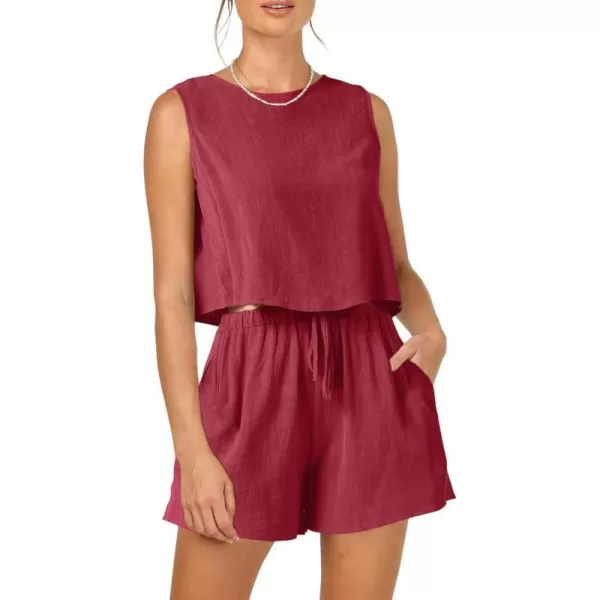 imagePRETTYGARDEN Womens 2023 Summer 2 Piece Outfits Casual Button Back Crop Tank Tops and High Waist Shorts SetRed