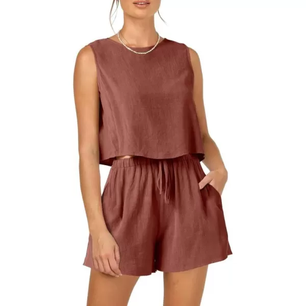 imagePRETTYGARDEN Womens 2023 Summer 2 Piece Outfits Casual Button Back Crop Tank Tops and High Waist Shorts SetRust Red