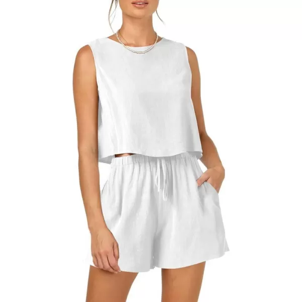 imagePRETTYGARDEN Womens 2023 Summer 2 Piece Outfits Casual Button Back Crop Tank Tops and High Waist Shorts SetWhite