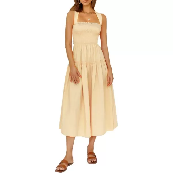 imagePRETTYGARDEN Womens 2023 Summer Maxi Dress Halter Neck Backless Ruffle Smocked Casual Long Flowy Boho DressesApricot