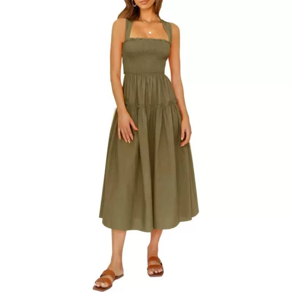 imagePRETTYGARDEN Womens 2023 Summer Maxi Dress Halter Neck Backless Ruffle Smocked Casual Long Flowy Boho DressesArmy Green