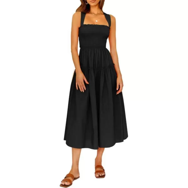 imagePRETTYGARDEN Womens 2023 Summer Maxi Dress Halter Neck Backless Ruffle Smocked Casual Long Flowy Boho DressesBlack