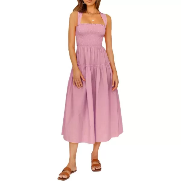imagePRETTYGARDEN Womens 2023 Summer Maxi Dress Halter Neck Backless Ruffle Smocked Casual Long Flowy Boho DressesPink