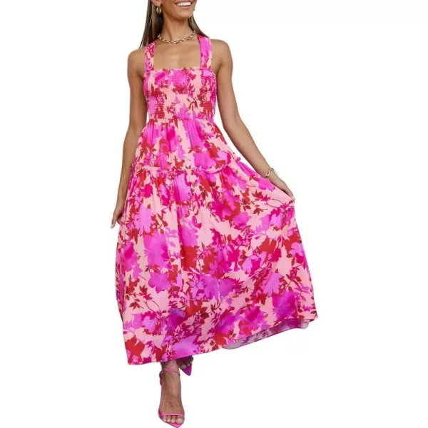 imagePRETTYGARDEN Womens 2023 Summer Maxi Dress Halter Neck Backless Ruffle Smocked Casual Long Flowy Boho DressesPink Rose Red Floral
