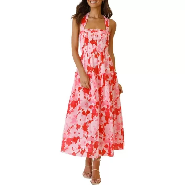 imagePRETTYGARDEN Womens 2023 Summer Maxi Dress Halter Neck Backless Ruffle Smocked Casual Long Flowy Boho DressesRed Pink Floral