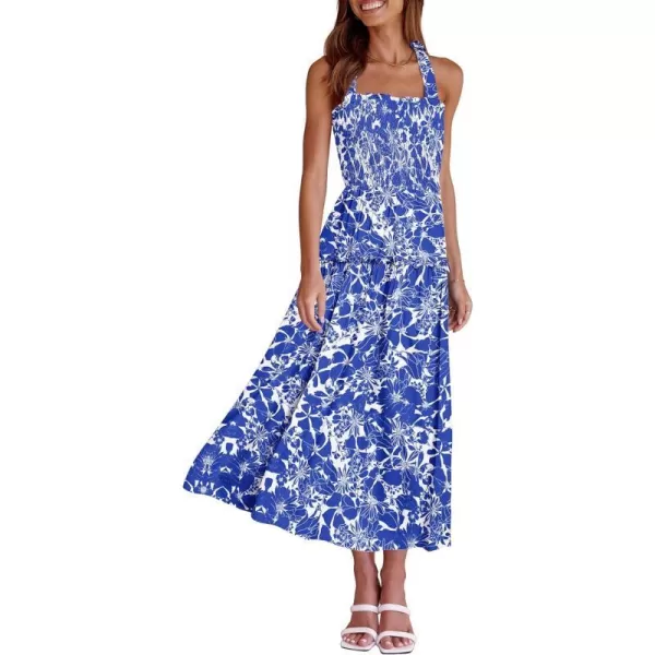 imagePRETTYGARDEN Womens 2023 Summer Maxi Dress Halter Neck Backless Ruffle Smocked Casual Long Flowy Boho DressesWhite Blue Floral