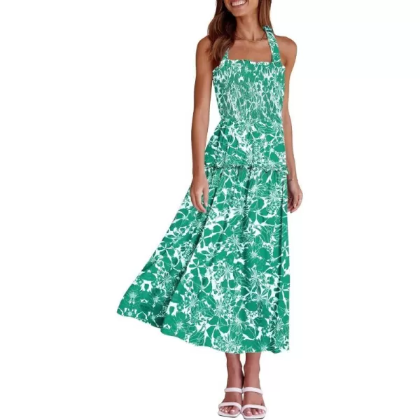 imagePRETTYGARDEN Womens 2023 Summer Maxi Dress Halter Neck Backless Ruffle Smocked Casual Long Flowy Boho DressesWhite Green Floral