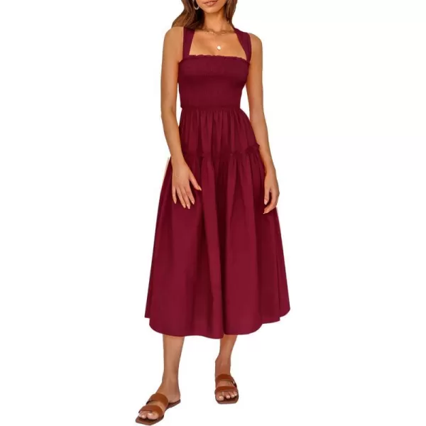 imagePRETTYGARDEN Womens 2023 Summer Maxi Dress Halter Neck Backless Ruffle Smocked Casual Long Flowy Boho DressesWine Red