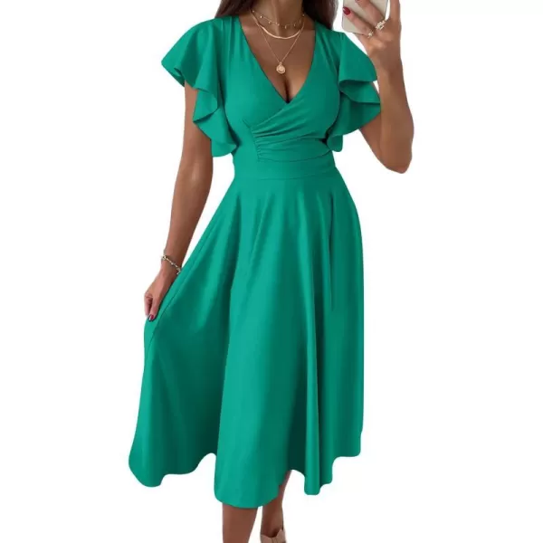 imagePRETTYGARDEN Womens 2023 Summer Midi Dress Ruffle Cap Sleeve V Neck Swing A Line Cocktail Party DressesBean Green