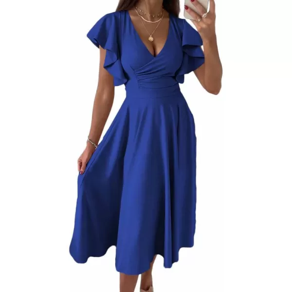 imagePRETTYGARDEN Womens 2023 Summer Midi Dress Ruffle Cap Sleeve V Neck Swing A Line Cocktail Party DressesBlue