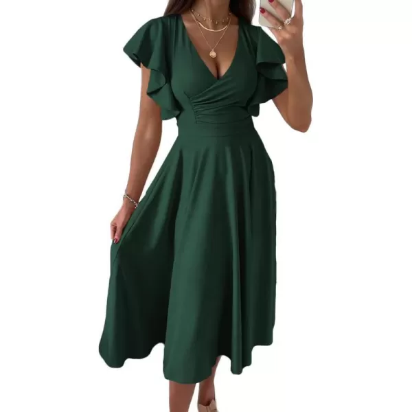 imagePRETTYGARDEN Womens 2023 Summer Midi Dress Ruffle Cap Sleeve V Neck Swing A Line Cocktail Party DressesDark Green