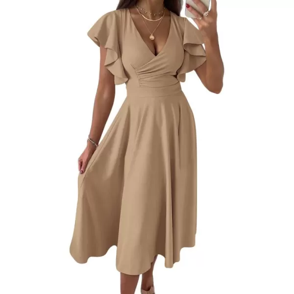 imagePRETTYGARDEN Womens 2023 Summer Midi Dress Ruffle Cap Sleeve V Neck Swing A Line Cocktail Party DressesKhaki