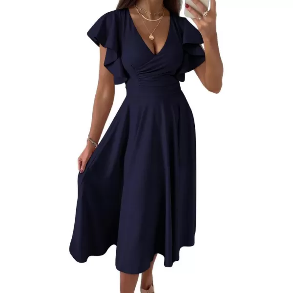 imagePRETTYGARDEN Womens 2023 Summer Midi Dress Ruffle Cap Sleeve V Neck Swing A Line Cocktail Party DressesNavy