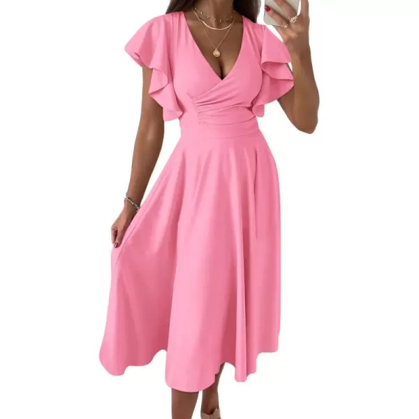 imagePRETTYGARDEN Womens 2023 Summer Midi Dress Ruffle Cap Sleeve V Neck Swing A Line Cocktail Party DressesPink