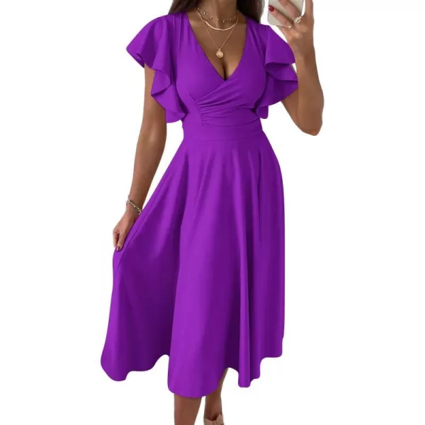 imagePRETTYGARDEN Womens 2023 Summer Midi Dress Ruffle Cap Sleeve V Neck Swing A Line Cocktail Party DressesPurple