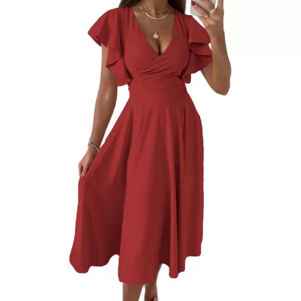 imagePRETTYGARDEN Womens 2023 Summer Midi Dress Ruffle Cap Sleeve V Neck Swing A Line Cocktail Party DressesRed