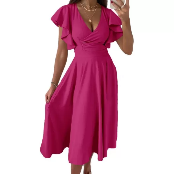 imagePRETTYGARDEN Womens 2023 Summer Midi Dress Ruffle Cap Sleeve V Neck Swing A Line Cocktail Party DressesRose Red