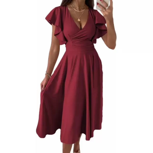 imagePRETTYGARDEN Womens 2023 Summer Midi Dress Ruffle Cap Sleeve V Neck Swing A Line Cocktail Party DressesWine Red