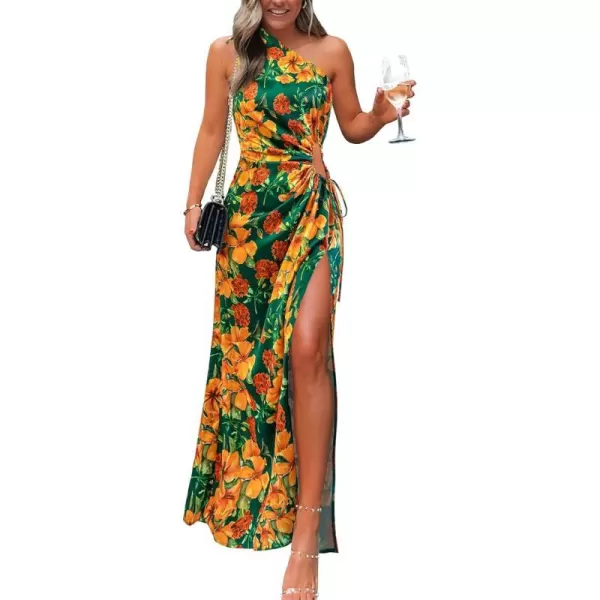imagePRETTYGARDEN Womens 2023 Summer One Shoulder Satin Dress Cutout High Split Cocktail Wedding Guest Maxi DressesFloral Dark Green Orange