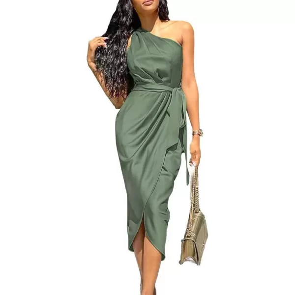 imagePRETTYGARDEN Womens 2023 Summer Ruched Bodycon Dress Sleeveless One Shoulder Wrap Satin Belted Cocktail Midi DressArmy Green