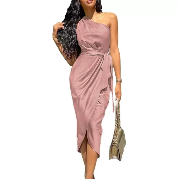 imagePRETTYGARDEN Womens 2023 Summer Ruched Bodycon Dress Sleeveless One Shoulder Wrap Satin Belted Cocktail Midi DressDark Pink