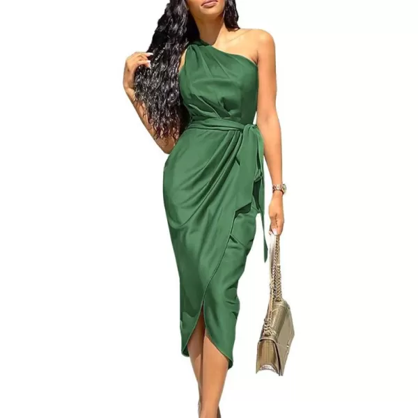 imagePRETTYGARDEN Womens 2023 Summer Ruched Bodycon Dress Sleeveless One Shoulder Wrap Satin Belted Cocktail Midi DressGreen