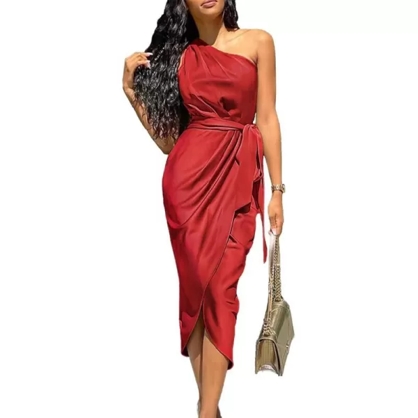 imagePRETTYGARDEN Womens 2023 Summer Ruched Bodycon Dress Sleeveless One Shoulder Wrap Satin Belted Cocktail Midi DressRed