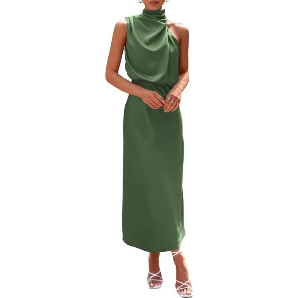imagePRETTYGARDEN Womens 2023 Summer Satin Dress Elegant Sleeveless Mock Neck Cocktail Party Maxi DressesArmy Green