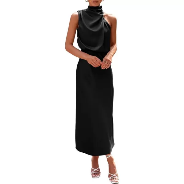 imagePRETTYGARDEN Womens 2023 Summer Satin Dress Elegant Sleeveless Mock Neck Cocktail Party Maxi DressesBlack