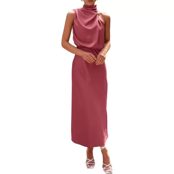 imagePRETTYGARDEN Womens 2023 Summer Satin Dress Elegant Sleeveless Mock Neck Cocktail Party Maxi DressesBrick Red