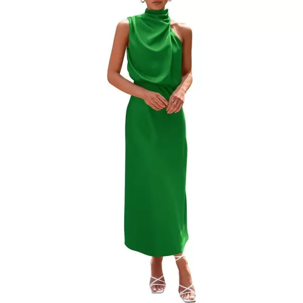 imagePRETTYGARDEN Womens 2023 Summer Satin Dress Elegant Sleeveless Mock Neck Cocktail Party Maxi DressesBright Green