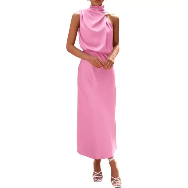 imagePRETTYGARDEN Womens 2023 Summer Satin Dress Elegant Sleeveless Mock Neck Cocktail Party Maxi DressesBright Pink