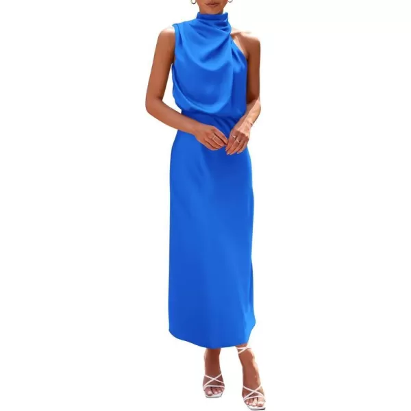 imagePRETTYGARDEN Womens 2023 Summer Satin Dress Elegant Sleeveless Mock Neck Cocktail Party Maxi DressesBrilliant Blue