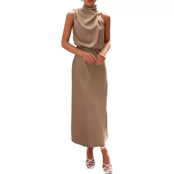 imagePRETTYGARDEN Womens 2023 Summer Satin Dress Elegant Sleeveless Mock Neck Cocktail Party Maxi DressesChampagne