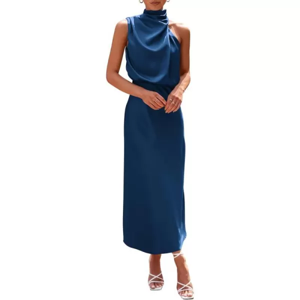 imagePRETTYGARDEN Womens 2023 Summer Satin Dress Elegant Sleeveless Mock Neck Cocktail Party Maxi DressesDark Blue