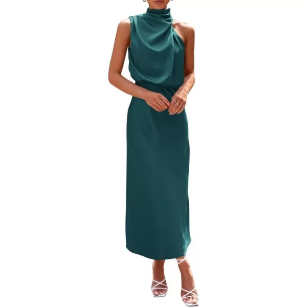 imagePRETTYGARDEN Womens 2023 Summer Satin Dress Elegant Sleeveless Mock Neck Cocktail Party Maxi DressesDark Green
