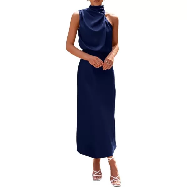 imagePRETTYGARDEN Womens 2023 Summer Satin Dress Elegant Sleeveless Mock Neck Cocktail Party Maxi DressesDark Navy