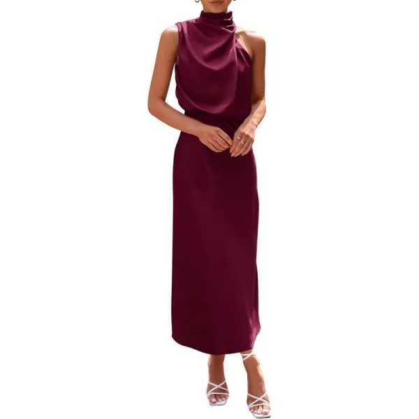 imagePRETTYGARDEN Womens 2023 Summer Satin Dress Elegant Sleeveless Mock Neck Cocktail Party Maxi DressesDark Wine Red