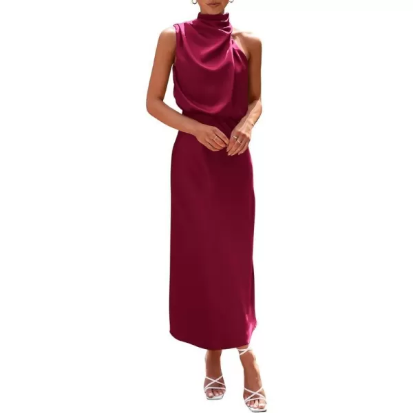 imagePRETTYGARDEN Womens 2023 Summer Satin Dress Elegant Sleeveless Mock Neck Cocktail Party Maxi DressesDeep Red