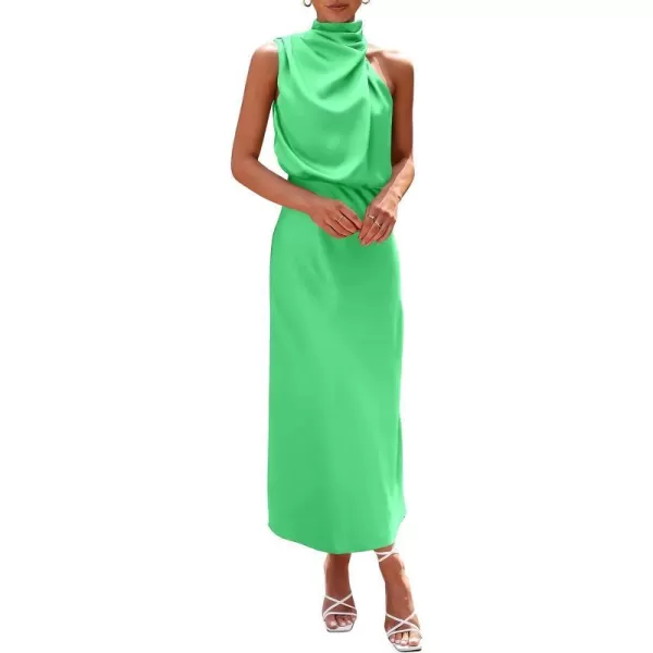 imagePRETTYGARDEN Womens 2023 Summer Satin Dress Elegant Sleeveless Mock Neck Cocktail Party Maxi DressesGrass Green